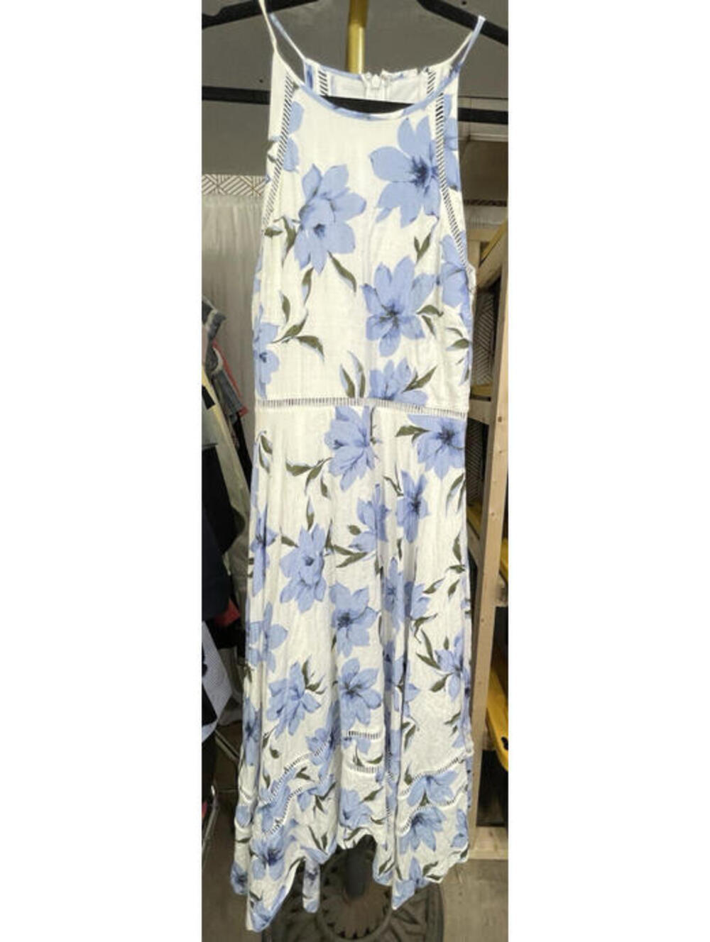 Lulus White Blue Floral Lace A-Line Midi Dress S Sleeveless Wedding Guest Summer